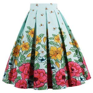 Vintage A-line Printed Pleated Flared Midi Skirt